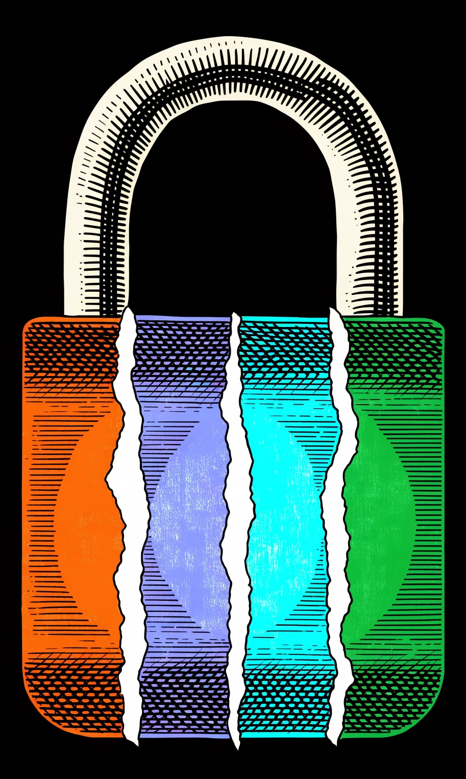 A padlock in engraved crosshatch, its body split into four panels inked orange, periwinkle, cyan and green, one for each of the four assets.